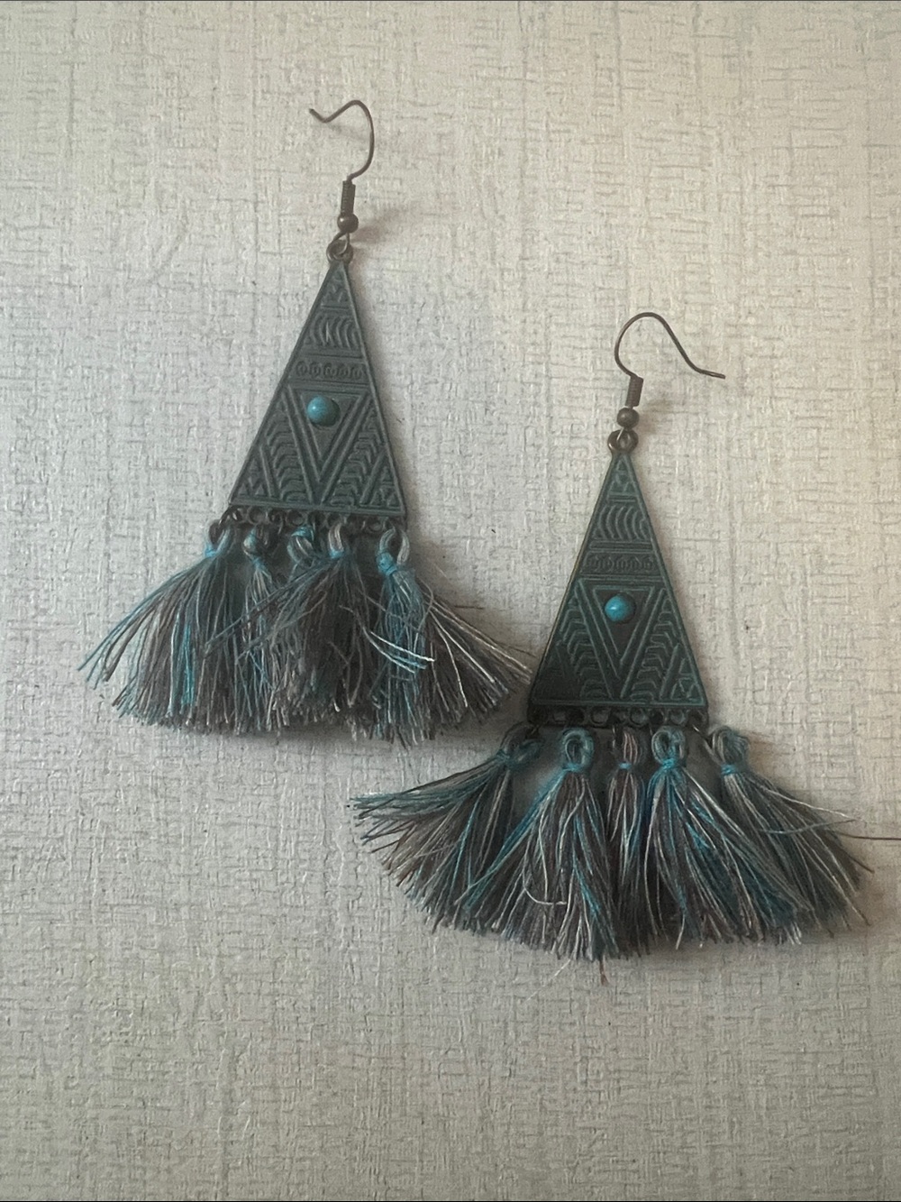 Boho Teal Fringe Triangle Drop Earrings